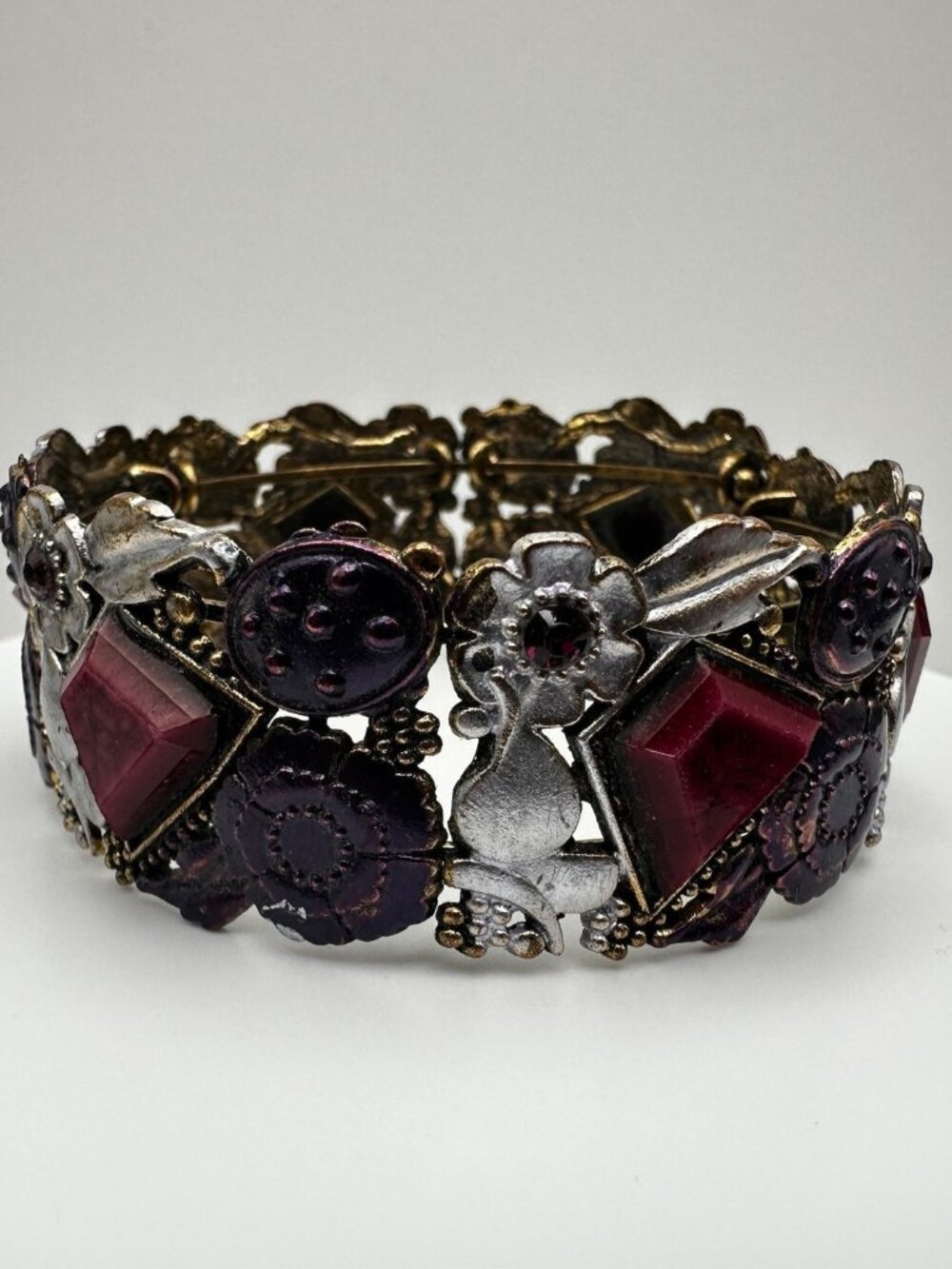 Vintage 90s Boho Floral Link Bracelet Geometric Stones Purple Enamel Jewelry
